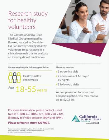 Paid Research for Healthy Volunteers, up to $20,550 if qualified. (Glendale).
