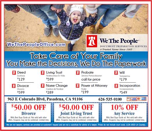 Divorce, Living Trusts, Conservatorship, Guardianship, Probate & More (Pasadena / Granada Hills / Lancaster / Norwalk / Torrance)