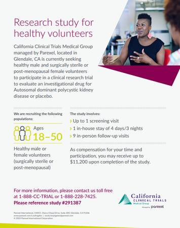 Research Study for Healthy Volunteers, up to $11,200 if qualified (Glendale)