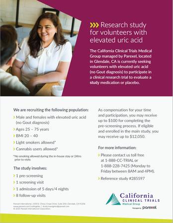 Research Study for Volunteers with Elevated Uric Acid (Glendale)
