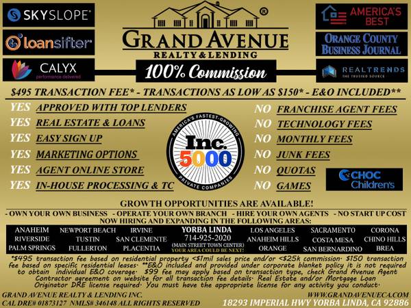 100% Commission REAL ESTATE & LOANS - Transaction fees as low as $150 (Yorba Linda - Orange County)