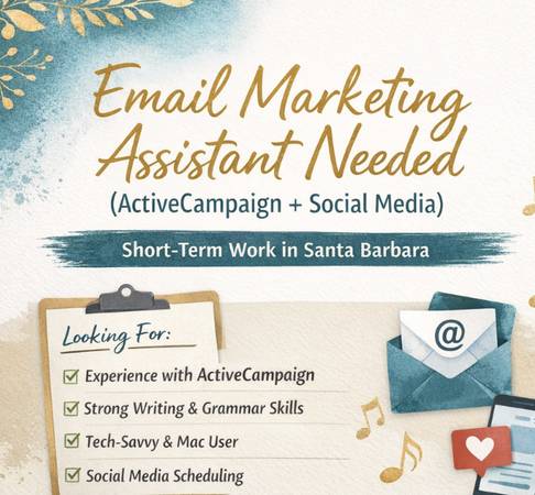 PT Email Marketing Assistant Needed (ActiveCampaign + Social Media) (Mission Canyon)