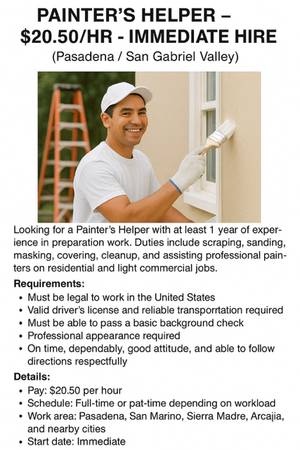 PAINTERS 5 YEARS EXPERIENCED -Pintores profesionales   (626 ) 355-1304 (Pasadena.  AREA          (626) 355-1304)