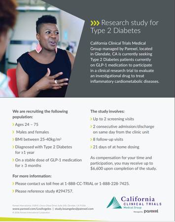 Paid Research for Type 2 Diabetes, up to $6,600 if qualified. (Glendale)