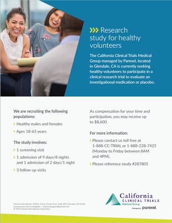 Paid Research for Healthy Volunteers, up to $8,600 if qualified. (Glendale).