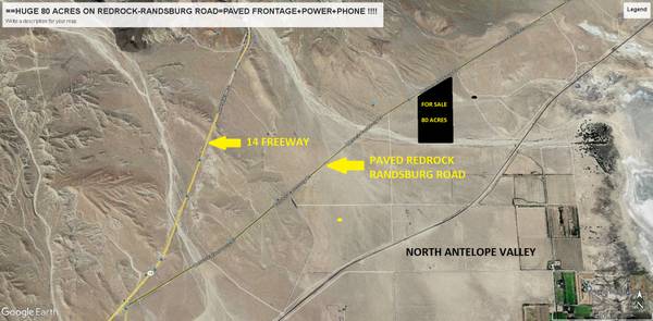 $225,000 Plus Huge 80 Acres in N. Antelope Valley, Paved and Powered, Finance 5% Equals $225,000 in Cantil, N. Antelope Valley